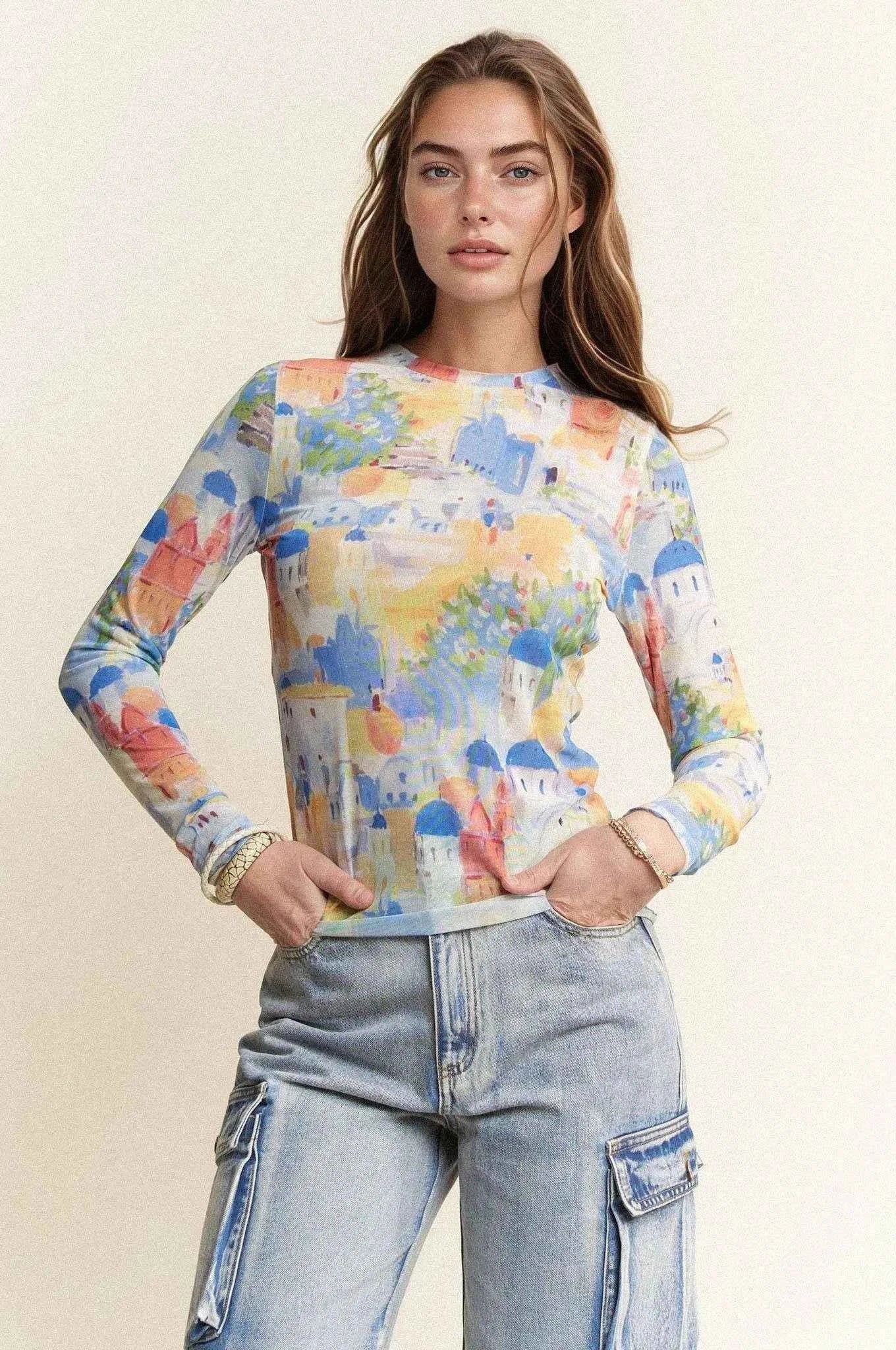 Davi & Dani Multi Printed Mesh Round Neck Long Sleeve Top Davi & Dani Multi Printed Mesh Round Neck Long Sleeve Top