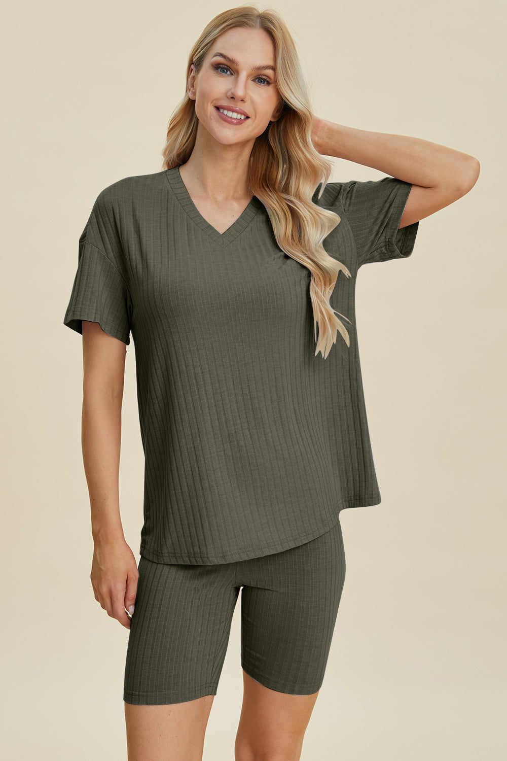 Basic Bae Full Size Ribbed V-Neck Short Sleeve Top and Shorts Set Basic Bae Full Size Ribbed V-Neck Short Sleeve Top and Shorts Set