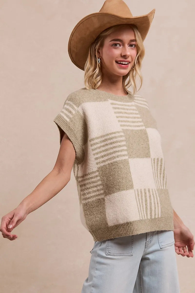 BiBi Checker With Stripes Pattern Sleeveless Sweater 5e3aeb9ae1e94fe495896a6f90d358f5-Max-Origin