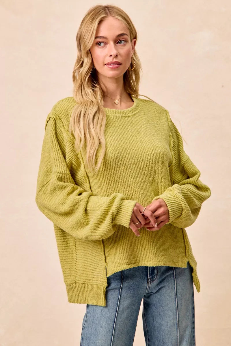 BiBi Boucle Rib Knit Uneven Hem Sweater With Open Seam 5e4079de68204c35a771518bde99b7c8-Max-Origin