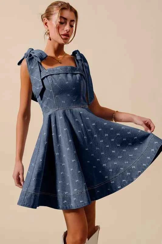 SO ME A Line Fit and Flare Diamond Bow Ribbon Denim Dres SO ME A Line Fit and Flare Diamond Bow Ribbon Denim Dres