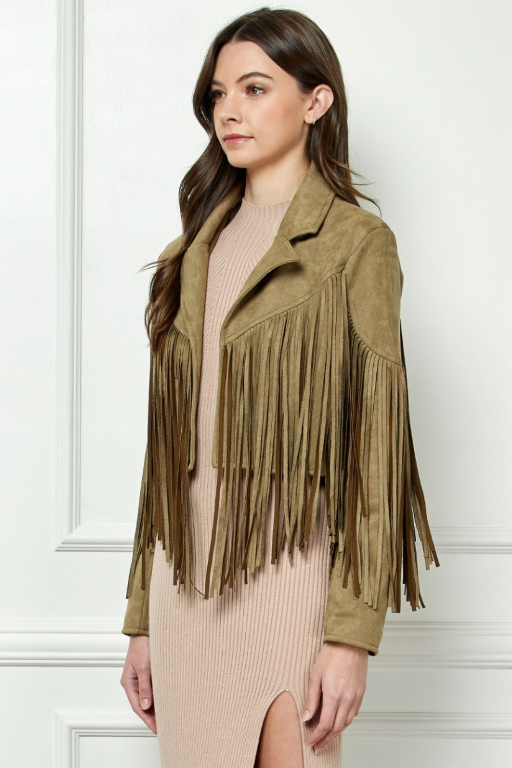 Veveret Suede Fringe Long Sleeve Moto Jacket Veveret Suede Fringe Long Sleeve Moto Jacket - TopFashionHQ
