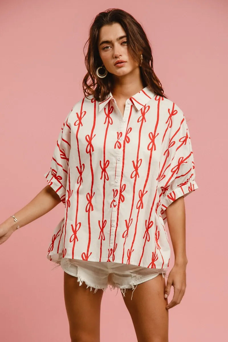BiBi Bow Ribbon Woven Printed Button Down Shirt 5e7aad970e8f4a699f01b053af7f3b5b-Max-Origin