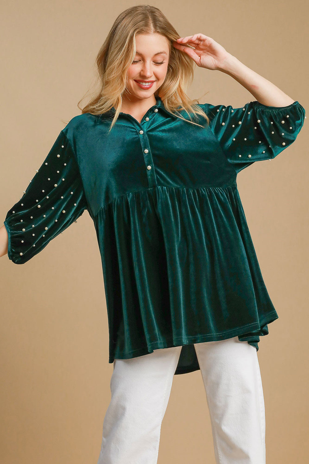 Umgee Pearl Detail Half Sleeve Velvet Babydoll Blouse Umgee Pearl Detail Half Sleeve Velvet Babydoll Blouse - TopFashionHQ