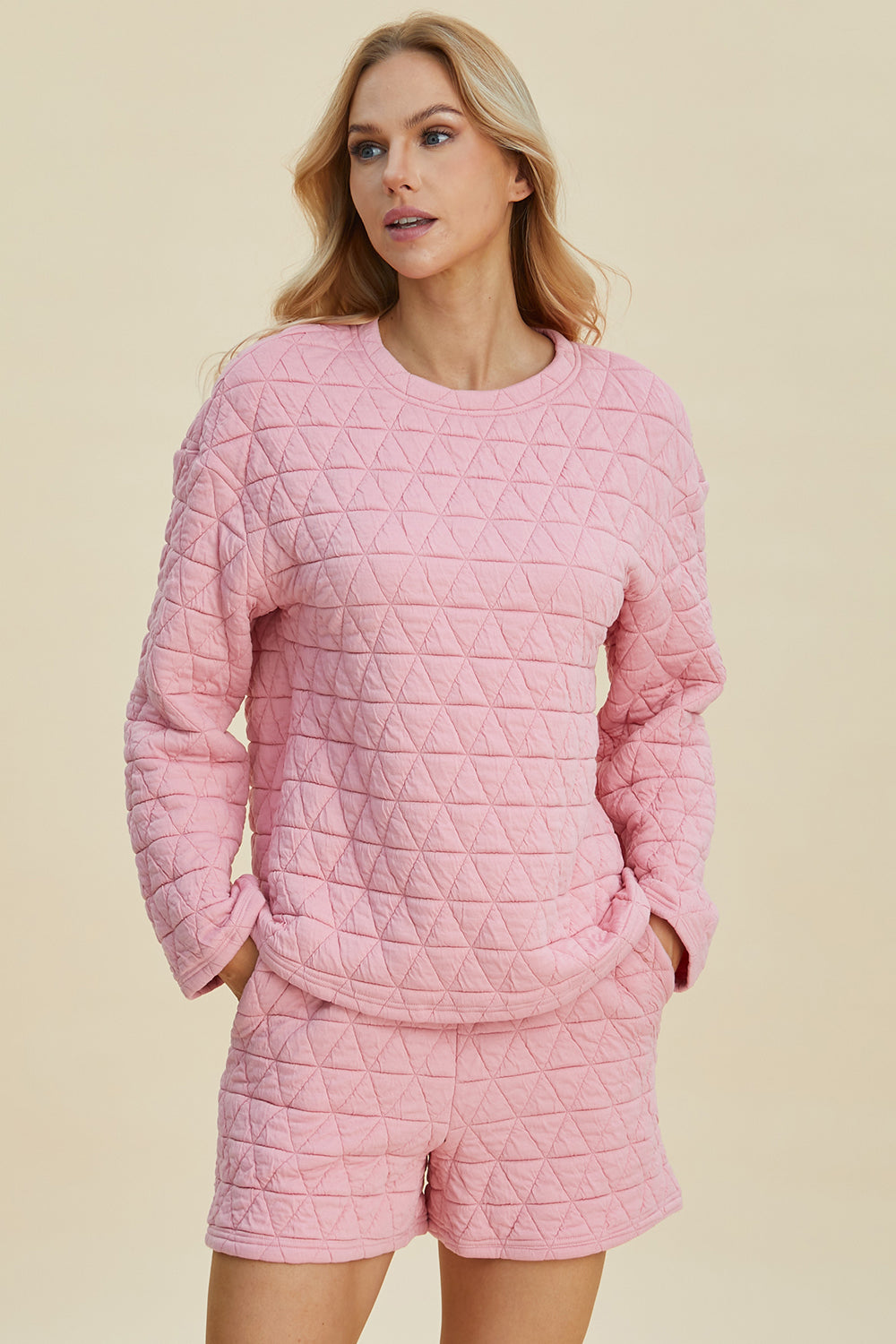 Double Take Full Size Texture Round Neck Long Sleeve Top and Shorts Set Double Take Full Size Texture Round Neck Long Sleeve Top and Shorts Set