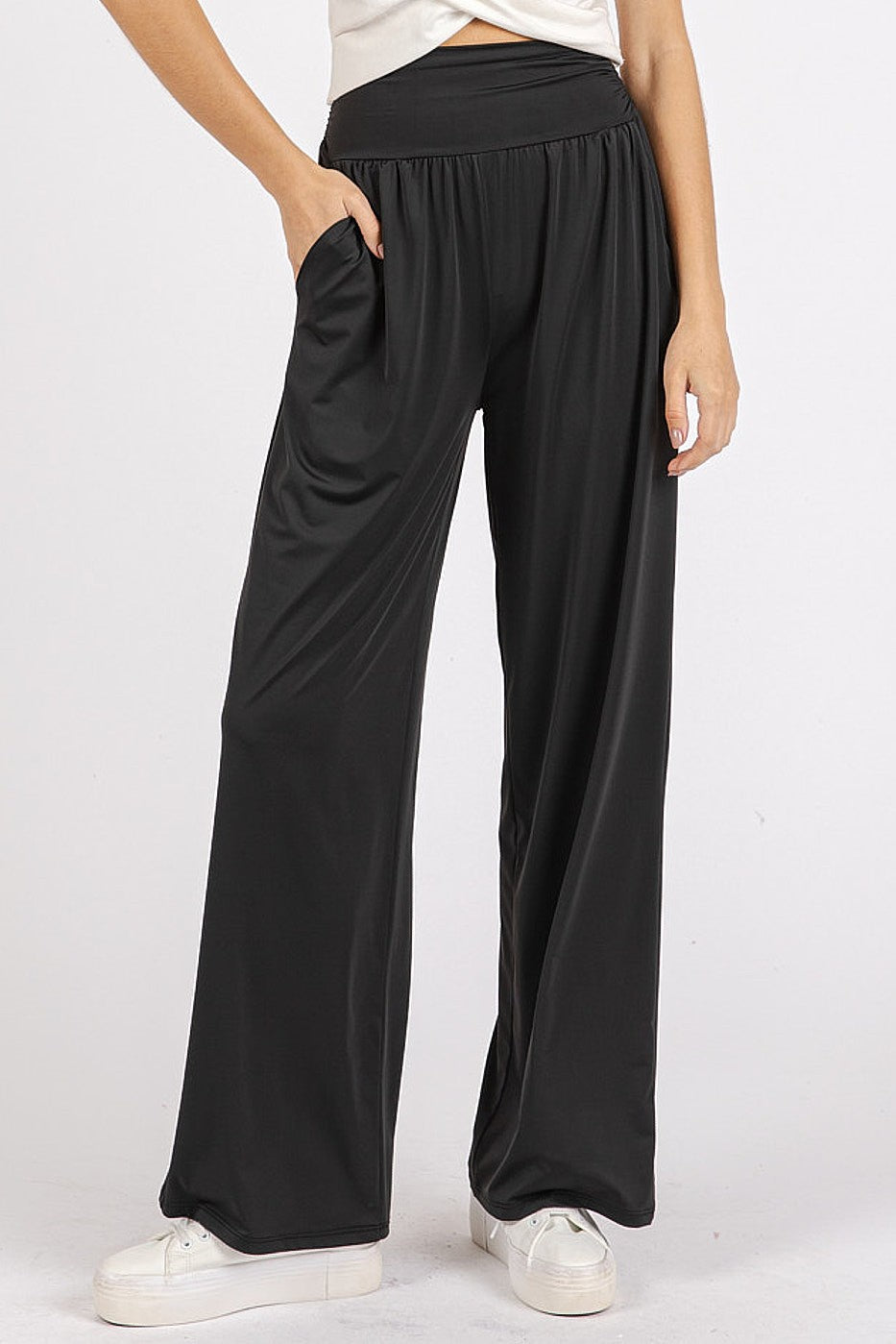 Mittoshop Stretch Banded Waist Wide Leg Pants with Pockets Mittoshop Stretch Banded Waist Wide Leg Pants with Pockets