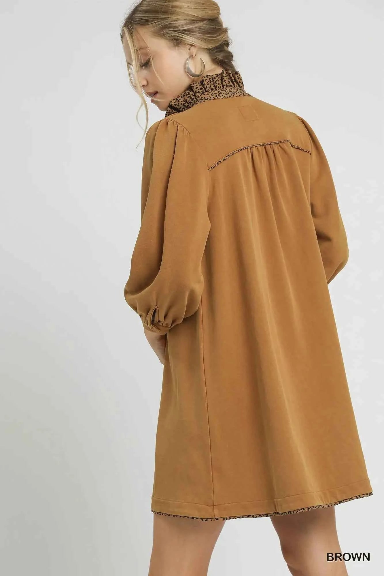 Umgee French Terry Balloon Sleeve Shift Dress with Leopard Print Detail Umgee French Terry Balloon Sleeve Shift Dress with Leopard Print Detail