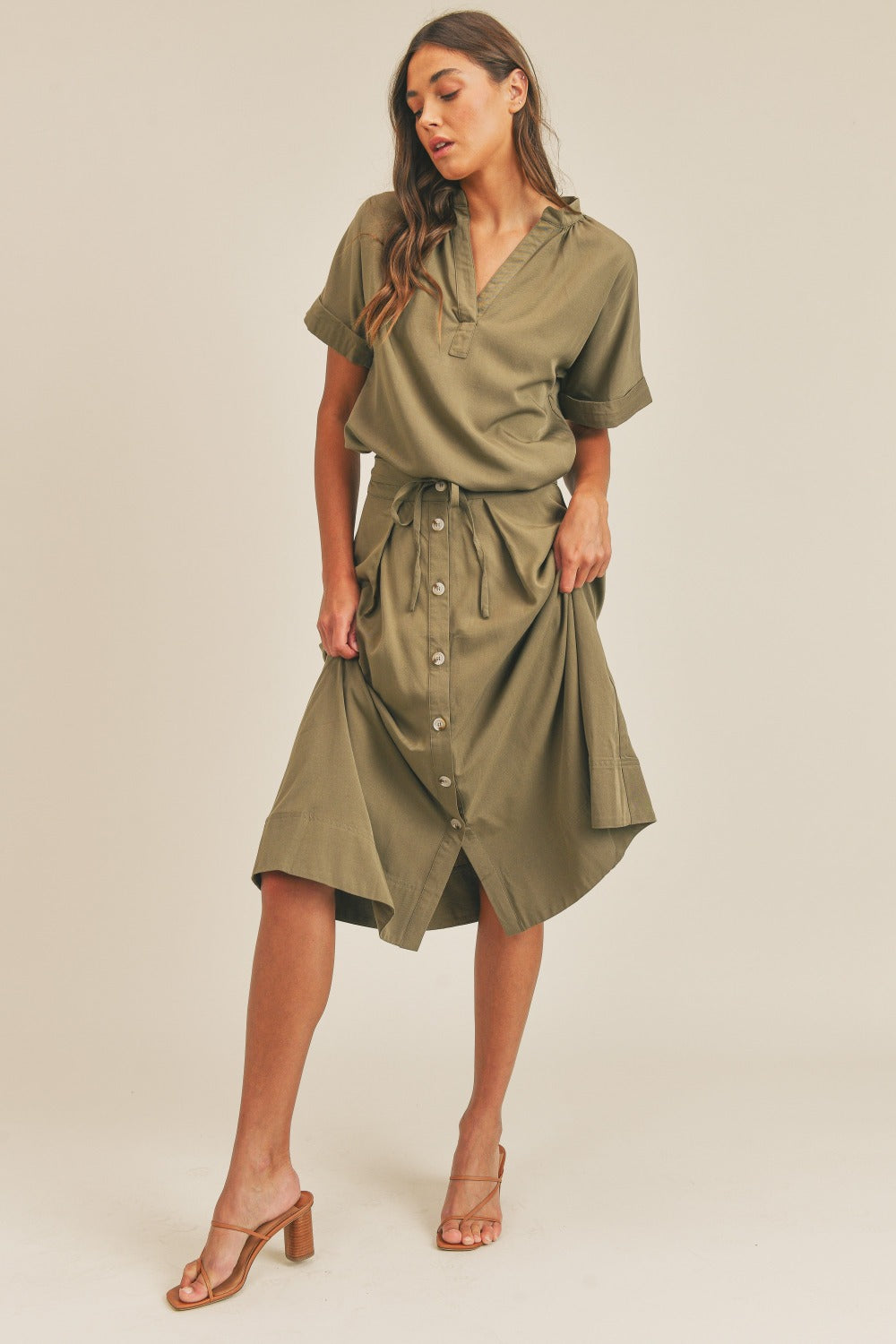 MABLE Short Sleeve Top and Button Down Midi Skirt Set MABLE Short Sleeve Top and Button Down Midi Skirt Set