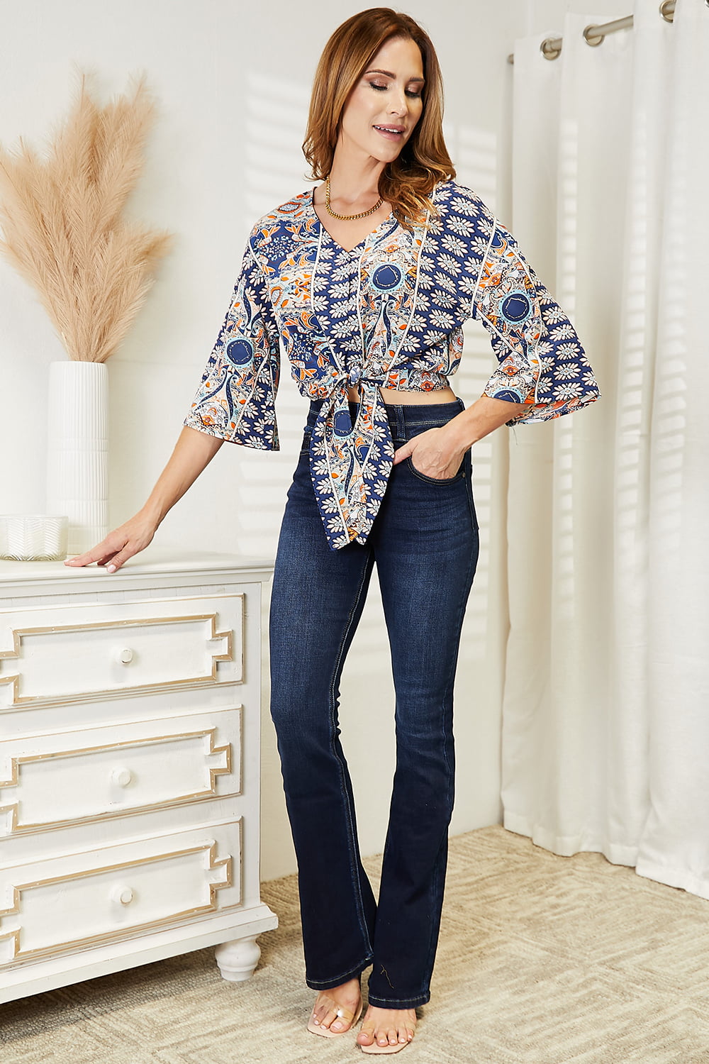 Double Take Tie Hem V-Neck Three-Quarter Sleeve Blouse Double Take Tie Hem V-Neck Three-Quarter Sleeve Blouse - TopFashionHQ