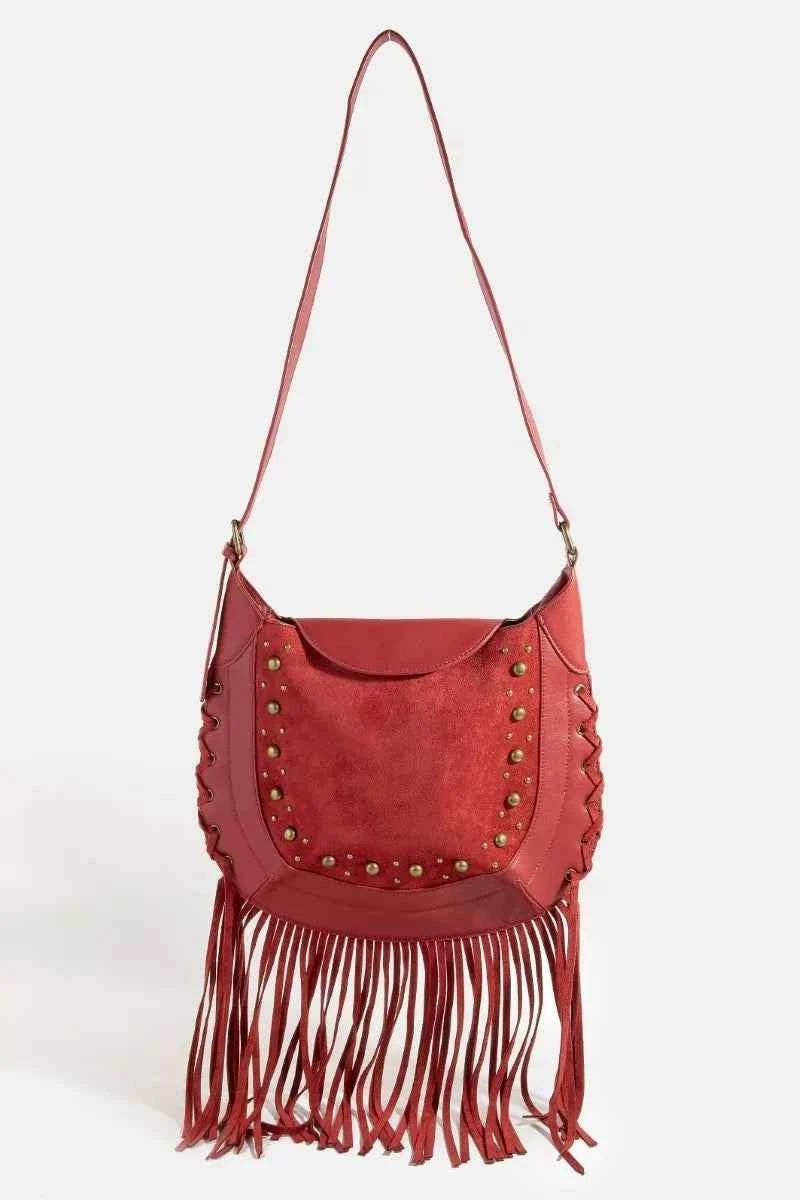 Fame Rivet Trim Suede Fringe Shoulder Bag Fame Rivet Trim Suede Fringe Shoulder Bag