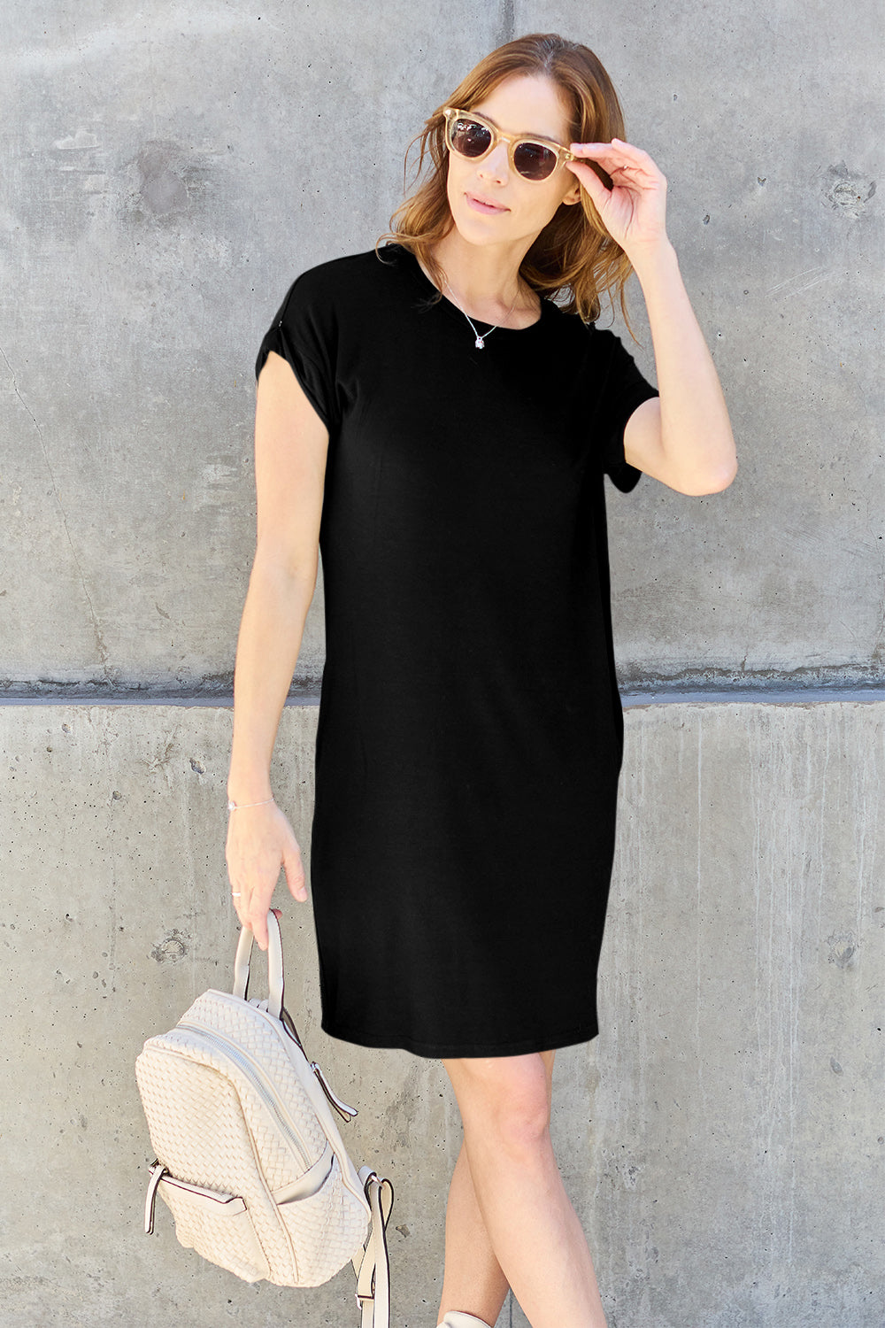 Basic Bae Bamboo Full Size Round Neck Short Sleeve Dress with Pockets Basic Bae Bamboo Full Size Round Neck Short Sleeve Dress with Pockets - TopFashionHQ