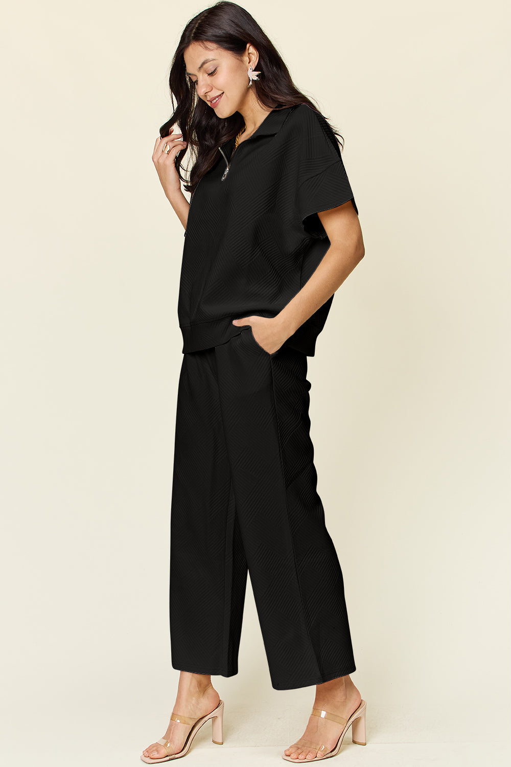 Double Take Full Size Texture Half Zip Short Sleeve Top and Pants Set Double Take Full Size Texture Half Zip Short Sleeve Top and Pants Set