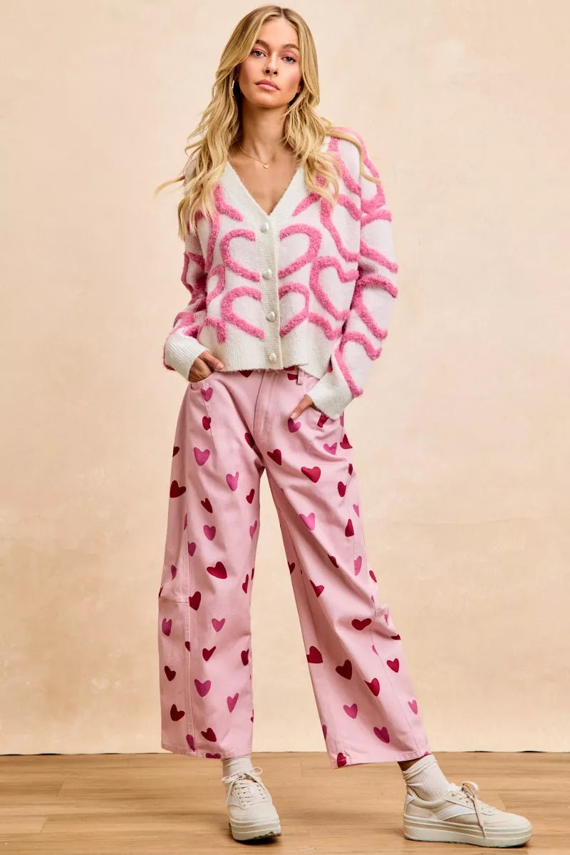 BiBi Textured Heart Buttoned V Neck Cardigan 5f80503f878b49c39682b24857554c8d-Max-Origin