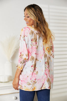 Double Take Floral Round Neck Three-Quarter Sleeve Top - TopFashionHQ