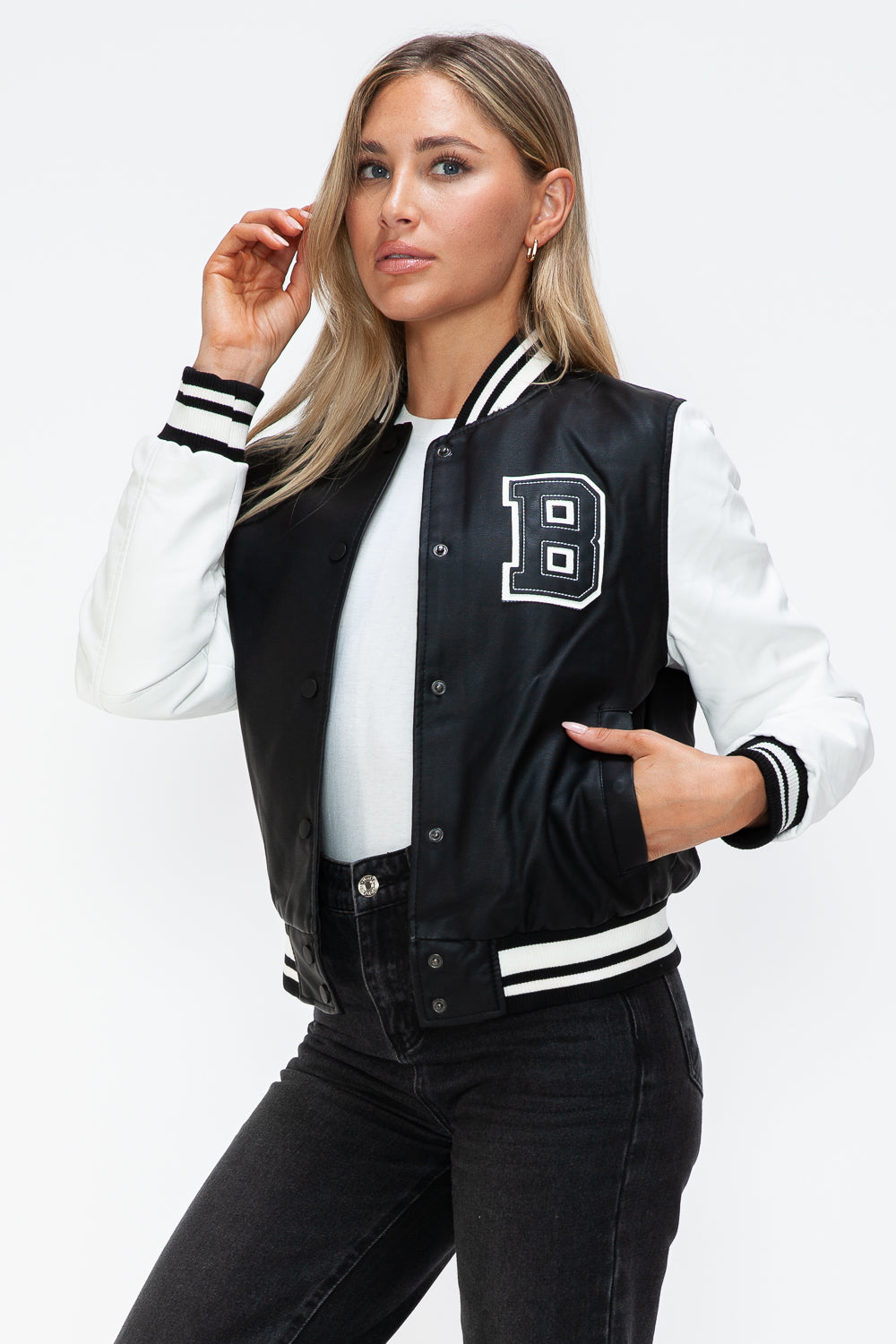 Love Me Now PU Leather Contrast Snap Down Bomber Jacket Love Me Now PU Leather Contrast Snap Down Bomber Jacket - TopFashionHQ