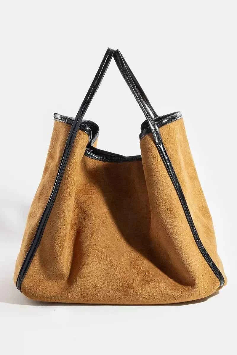 Fame Suede Tote Faux Leather Trim Shoulder Strap Fame Suede Tote Faux Leather Trim Shoulder Strap