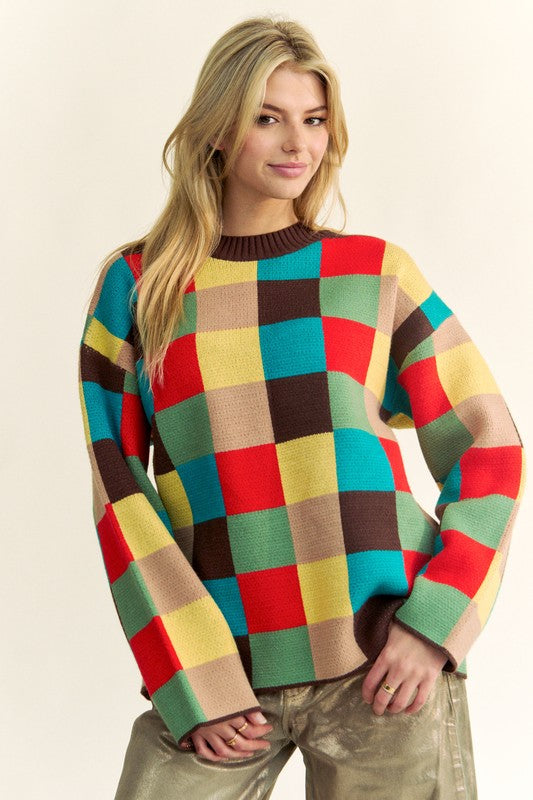Davi & Dani Color Block Checkered Dropped Shoulder Sweater Davi & Dani Color Block Checkered Dropped Shoulder Sweater