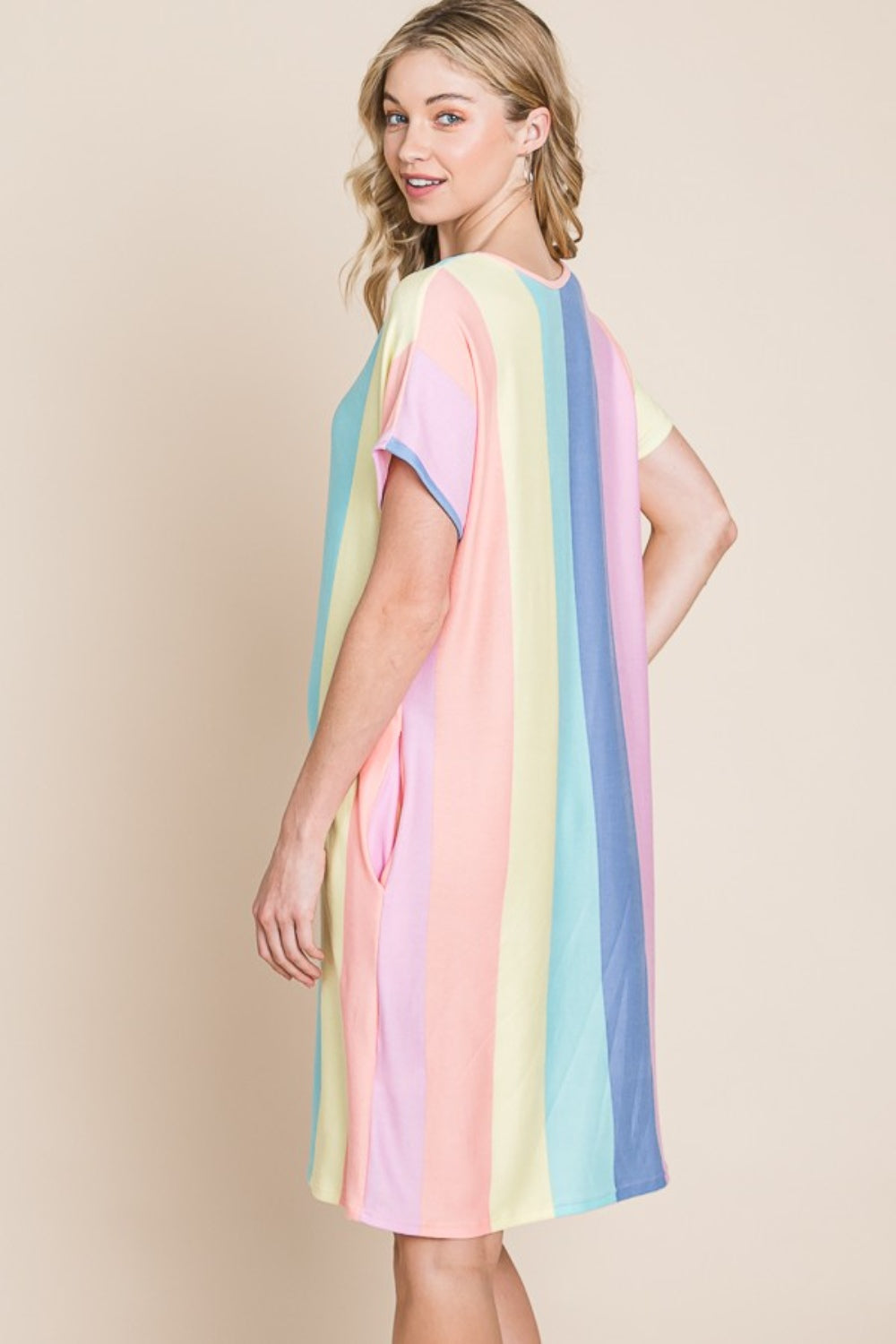 BOMBOM Striped Short Sleeve Dress with Pockets BOMBOM Striped Short Sleeve Dress with Pockets - TopFashionHQ