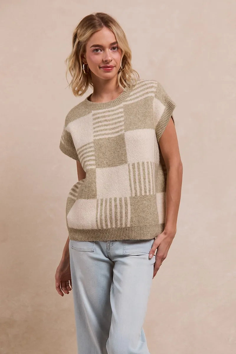 BiBi Checker With Stripes Pattern Sleeveless Sweater 5fd55b43a6874dd89e19a24992dd0e70-Max-Origin