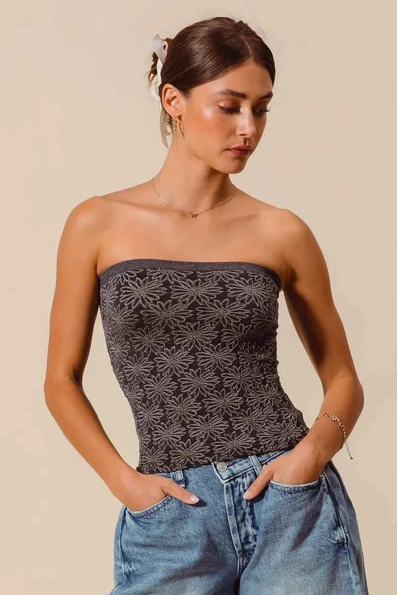 SO ME Jacquard Floral Two Tone Seamless Tube Top SO ME Jacquard Floral Two Tone Seamless Tube Top