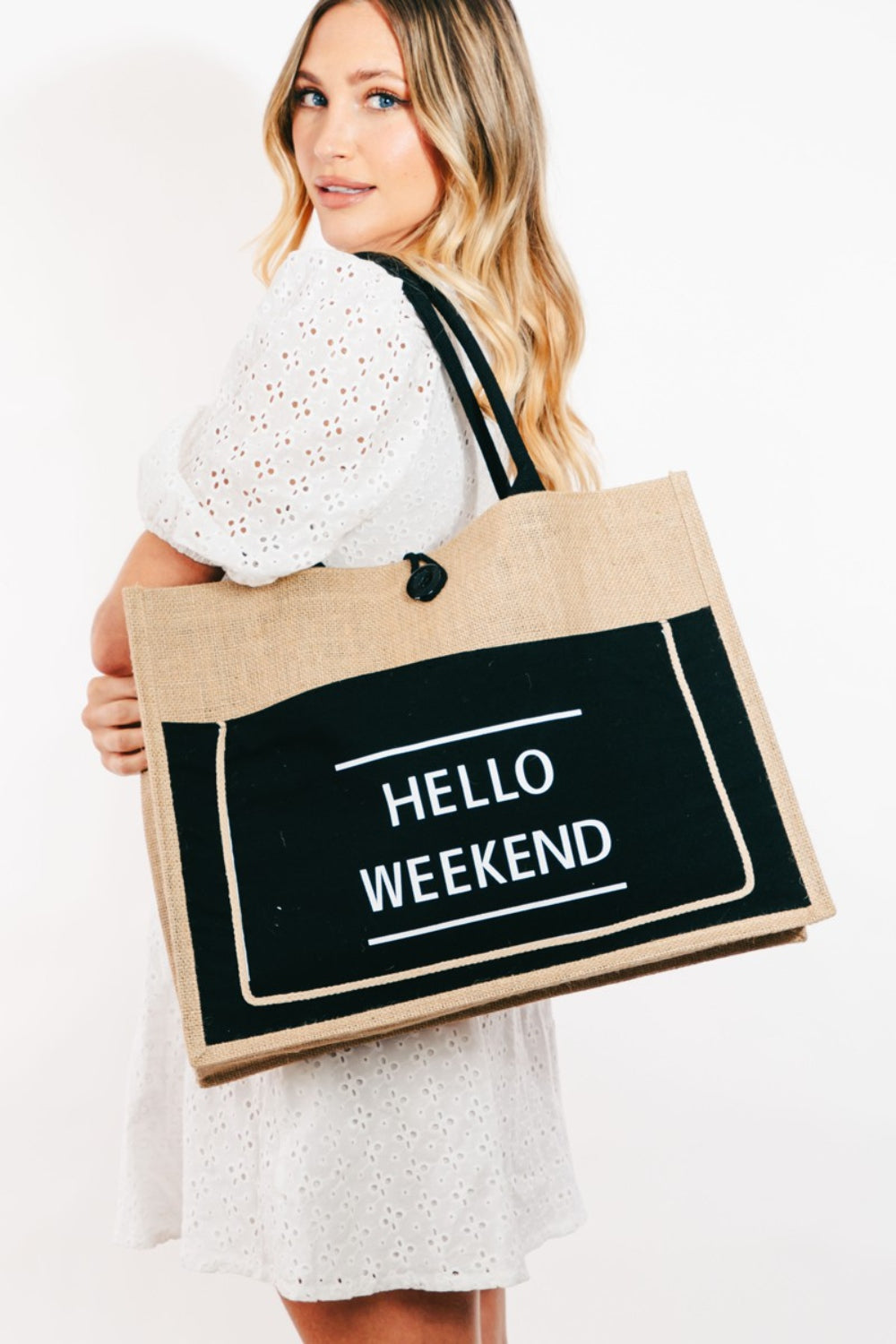 Fame Hello Weekend Burlap Tote Bag Fame Hello Weekend Burlap Tote Bag