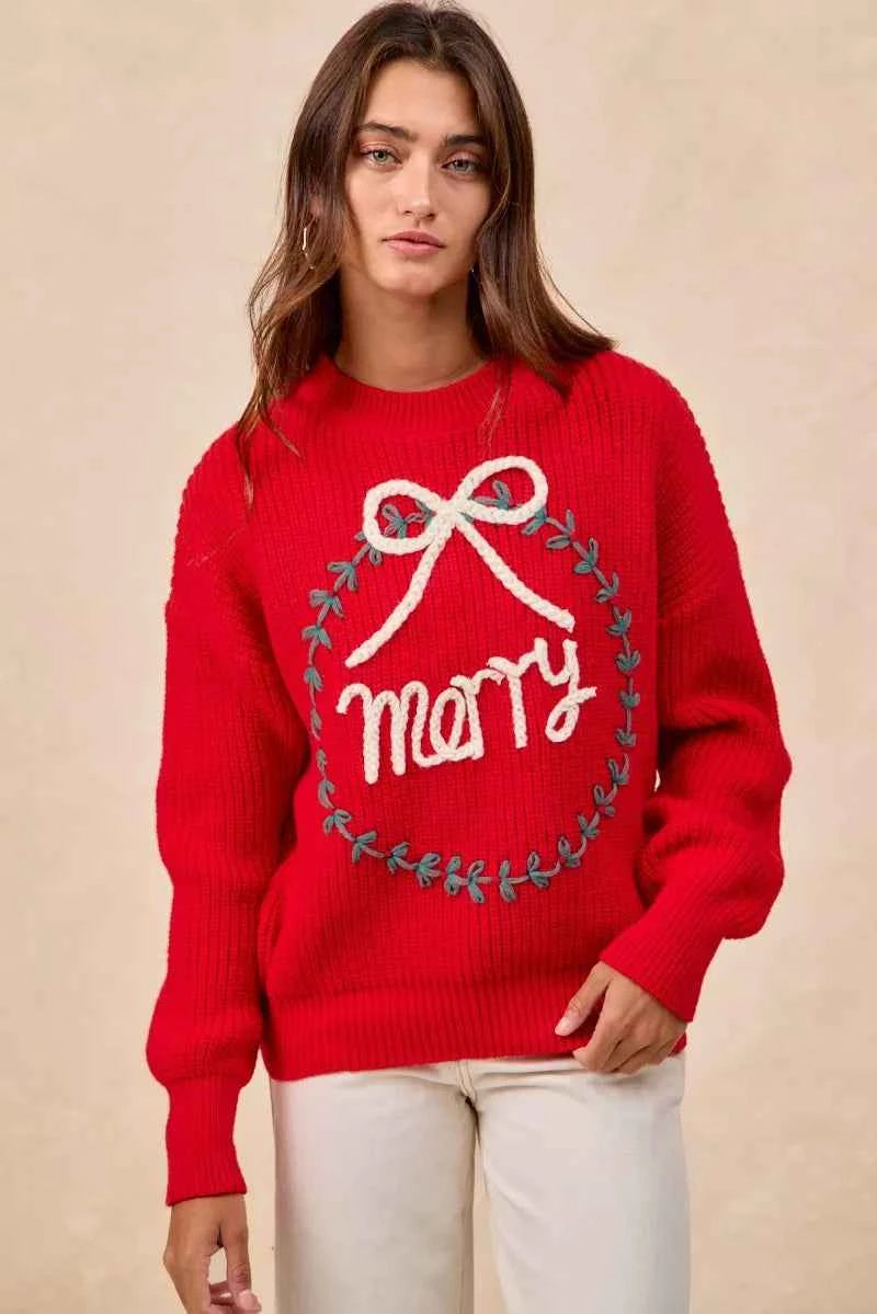 BiBi Christmas Wreath Merry Letter Knit Top BiBi Christmas Wreath Merry Letter Knit Top