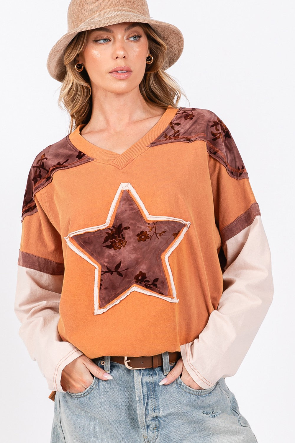 SAGE + FIG Star Patch Long Sleeve Color Block T-Shirt SAGE + FIG Star Patch Long Sleeve Color Block T-Shirt - TopFashionHQ