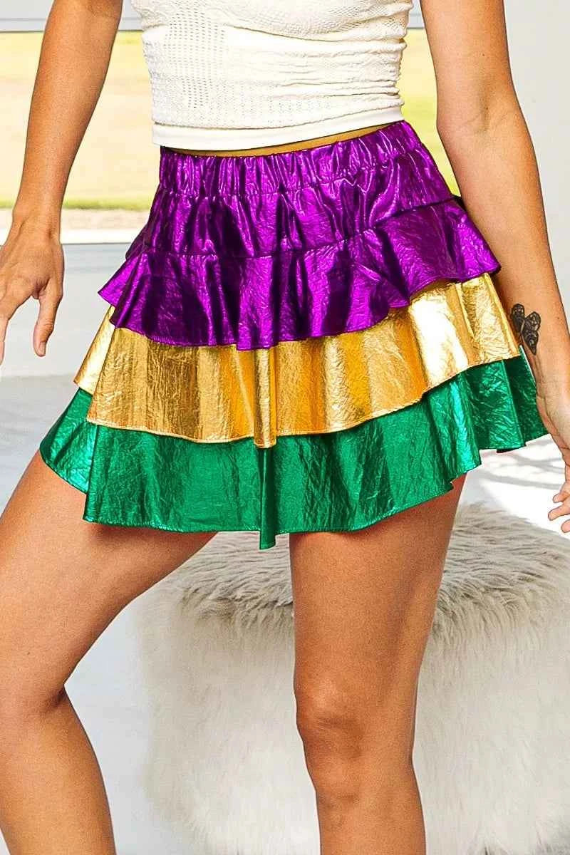 BiBi Mardi Gras Color Block Metallic Tiered Skirt BiBi Mardi Gras Color Block Metallic Tiered Skirt