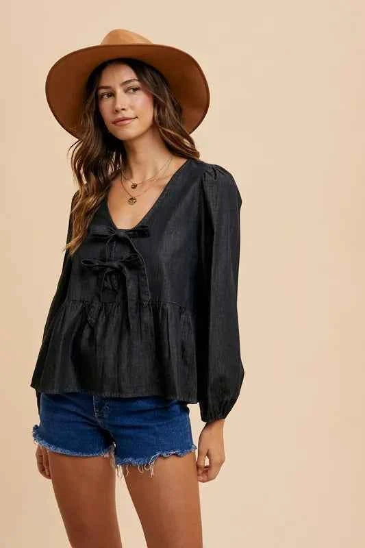 Annie Wear Tie Front Peplum Long Sleeve Denim Top Annie Wear Tie Front Peplum Long Sleeve Denim Top
