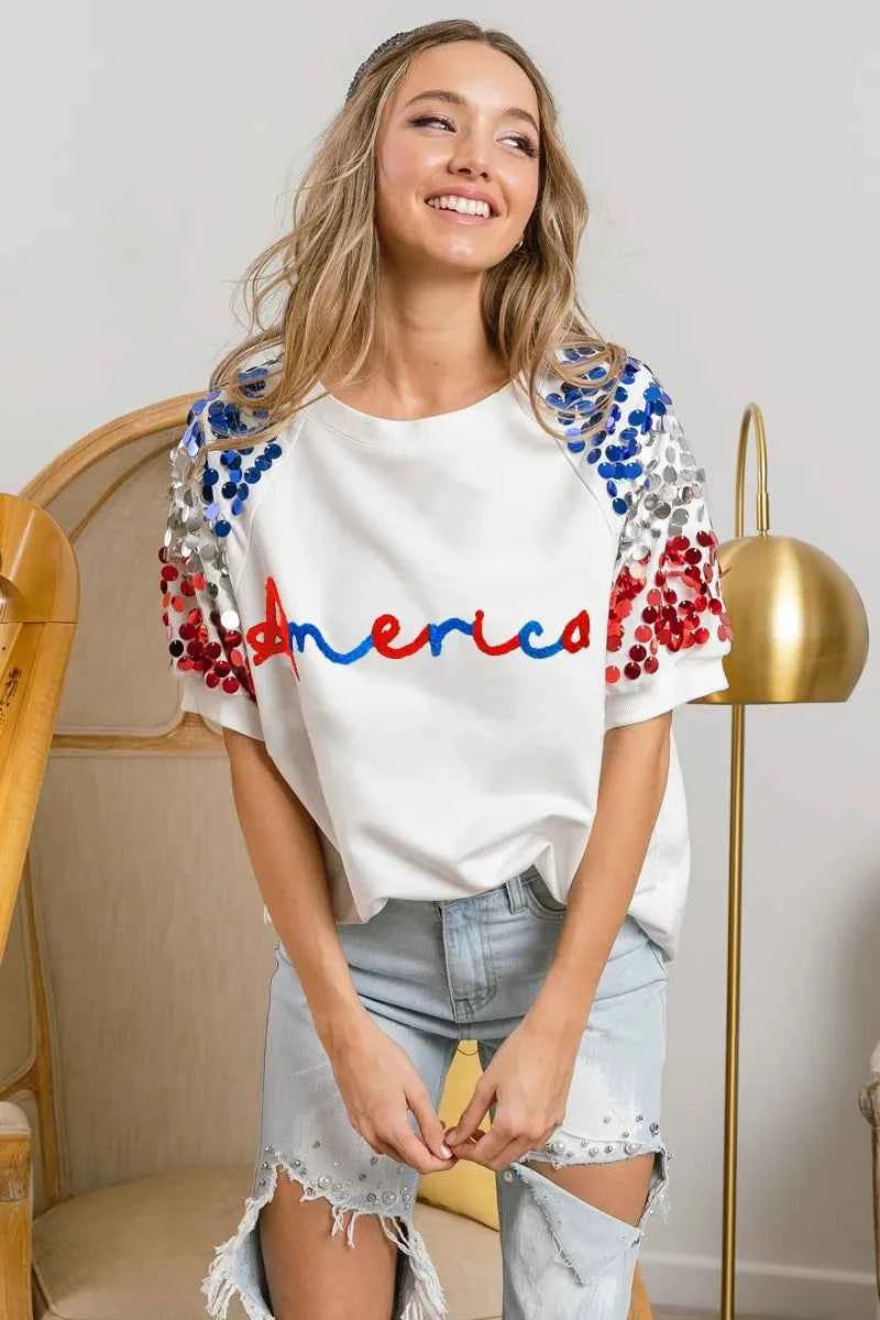 BiBi America Letter Applique Spangle Puff Sleeves Top BiBi America Letter Applique Spangle Puff Sleeves Top