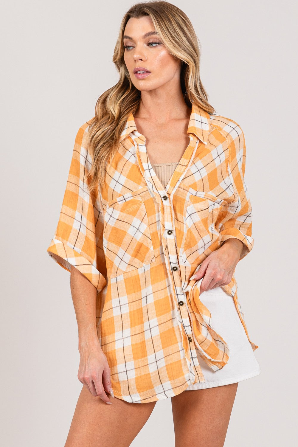 SAGE + FIG Plaid Button Up Side Slit Shirt SAGE + FIG Plaid Button Up Side Slit Shirt - TopFashionHQ