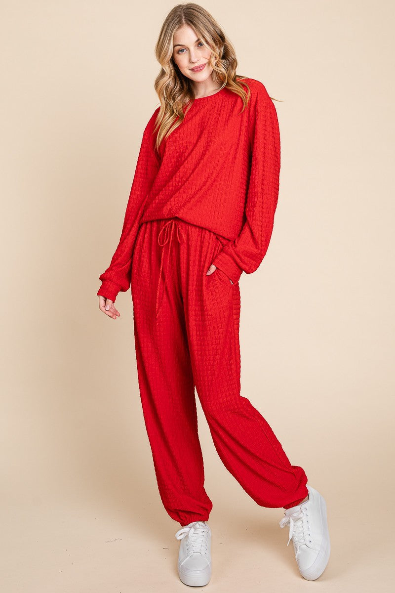 Super Lady Full Size Crinkle Check Round Neck Top and Pants Lounge Set Super Lady Full Size Crinkle Check Round Neck Top and Pants Lounge Set