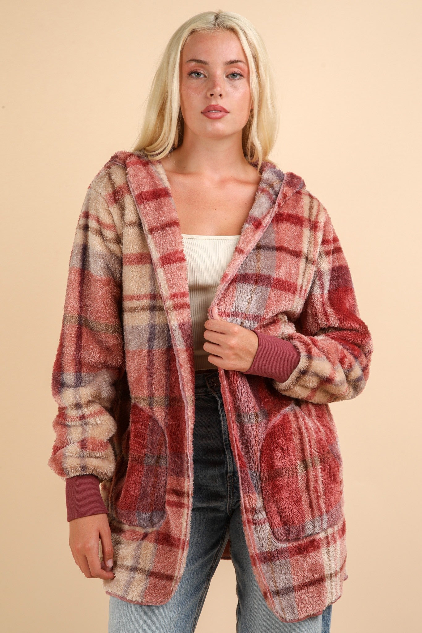 VERY J Fuzzy Plaid Long Sleeve Hooded Jacket VERY J Fuzzy Plaid Long Sleeve Hooded Jacket