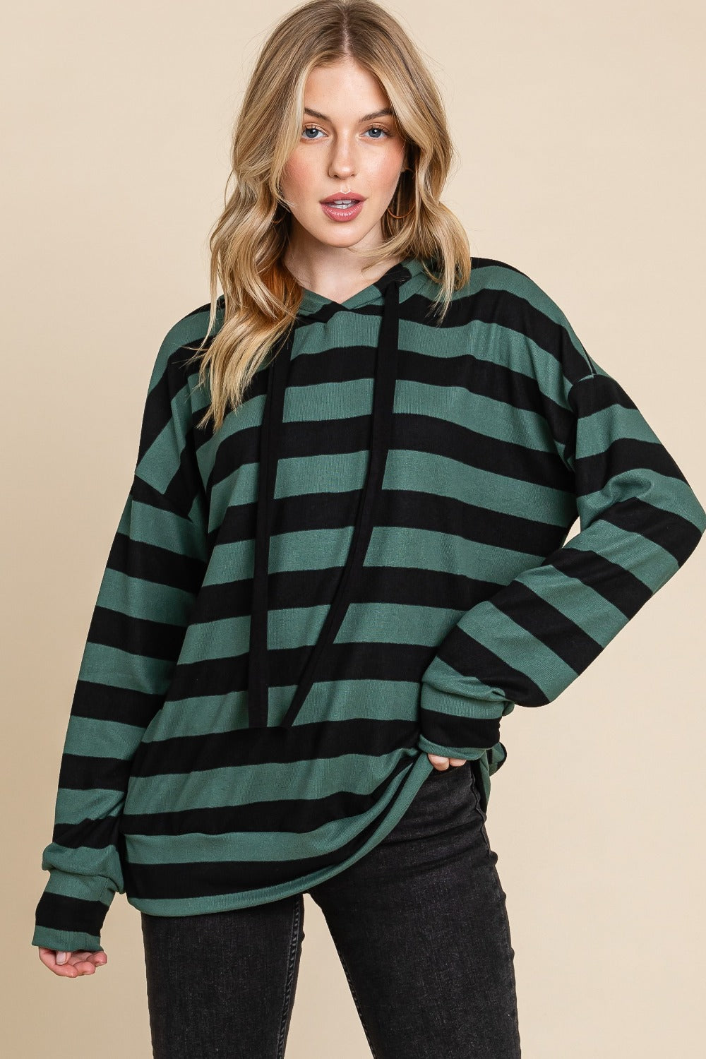 BOMBOM Drawstring Striped Dropped Shoulder Hoodie BOMBOM Drawstring Striped Dropped Shoulder Hoodie