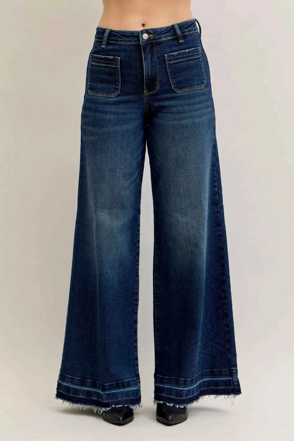 Judy Blue High Waist Palazzo Jeans with Front Patch Pockets Judy Blue High Waist Palazzo Jeans with Front Patch Pockets