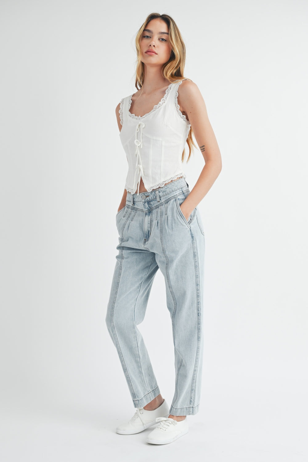 MABLE Pleated Front Detail Straight Jeans MABLE Pleated Front Detail Straight Jeans - TopFashionHQ
