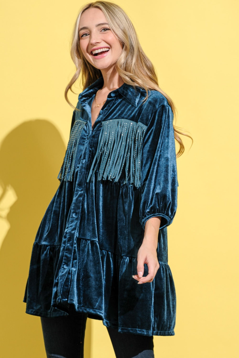 And The Why Fringe Detailed Velvet Shirt Dress And The Why Fringe Detailed Velvet Shirt Dress - TopFashionHQ