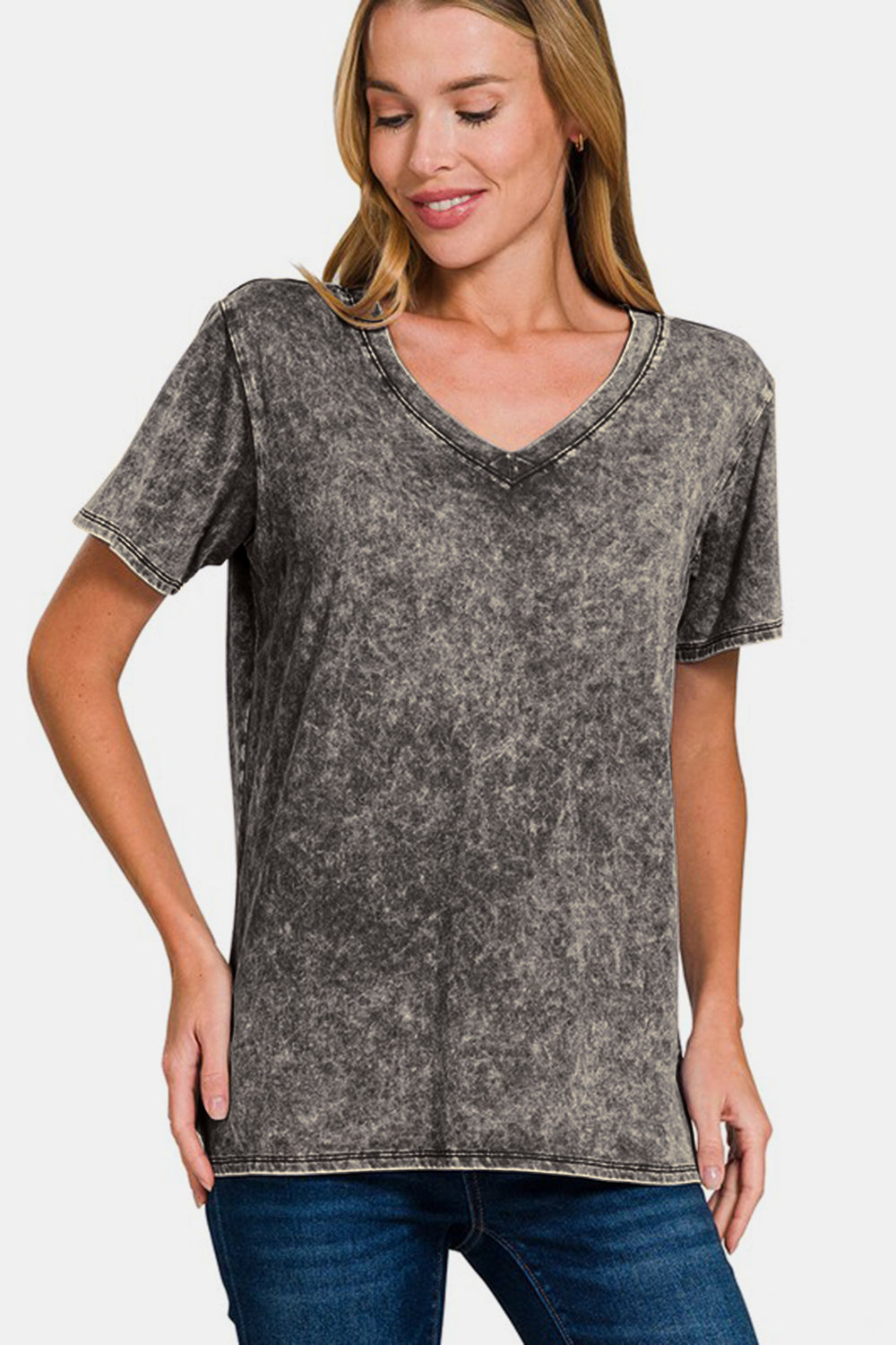 Zenana Full Size Washed Short Sleeve V-Neck T-Shirt Zenana Full Size Washed Short Sleeve V-Neck T-Shirt - TopFashionHQ