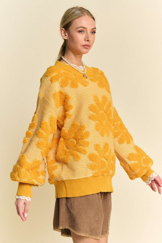 Davi & Dani Flower Texture Round Neck Dropped Shoulder Sweater Davi & Dani Flower Texture Round Neck Dropped Shoulder Sweater - TopFashionHQ
