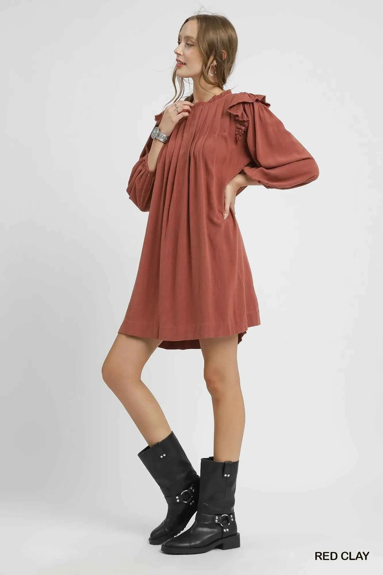 Umgee Linen Ruffle Shoulder Pleated Babydoll Dress Umgee Linen Ruffle Shoulder Pleated Babydoll Dress