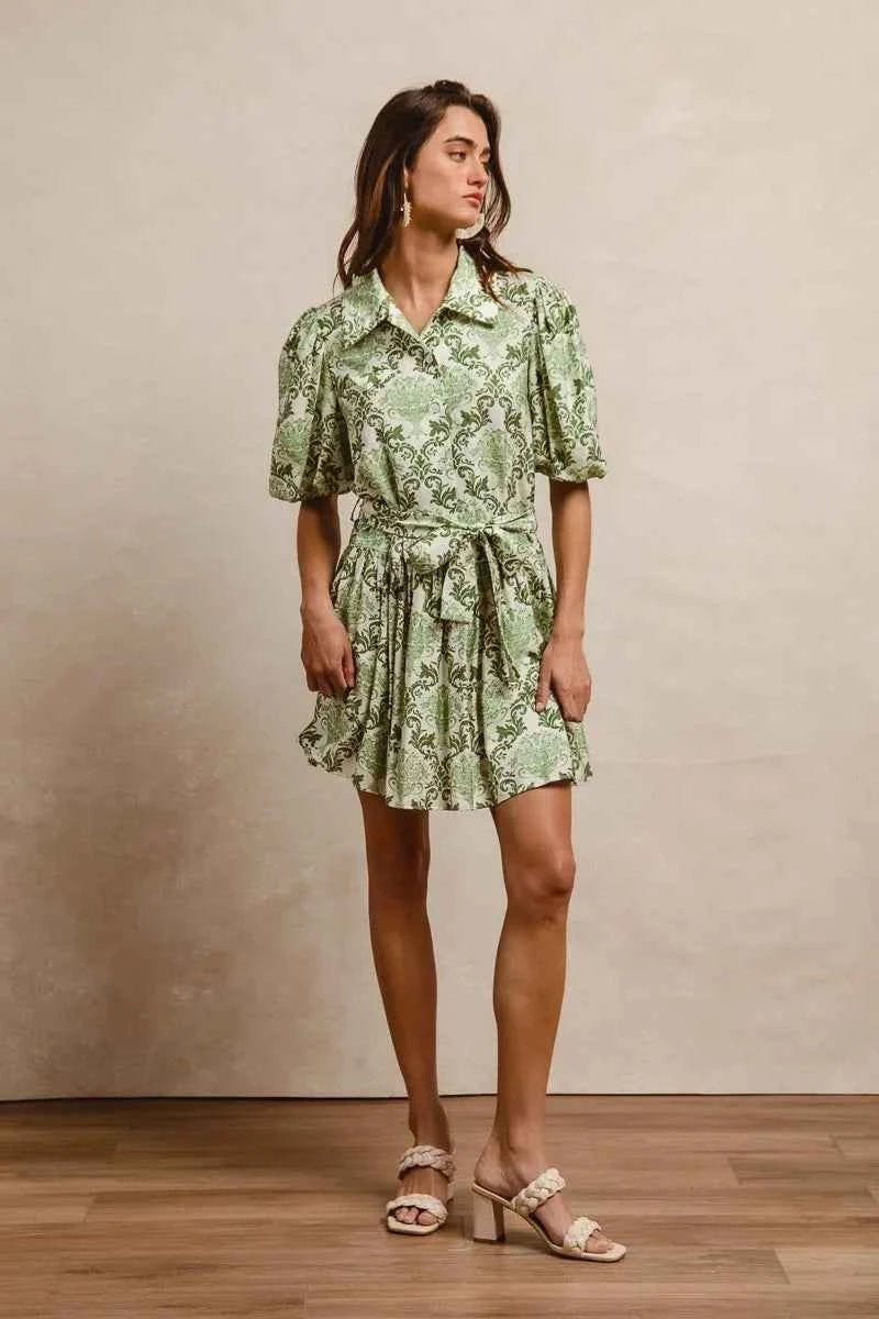 BiBi Tied Floral Short Sleeve Mini Shirt Dress BiBi Tied Floral Short Sleeve Mini Shirt Dress