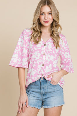 BOMBOM Floral Decorative Button V-Neck Top - TopFashionHQ