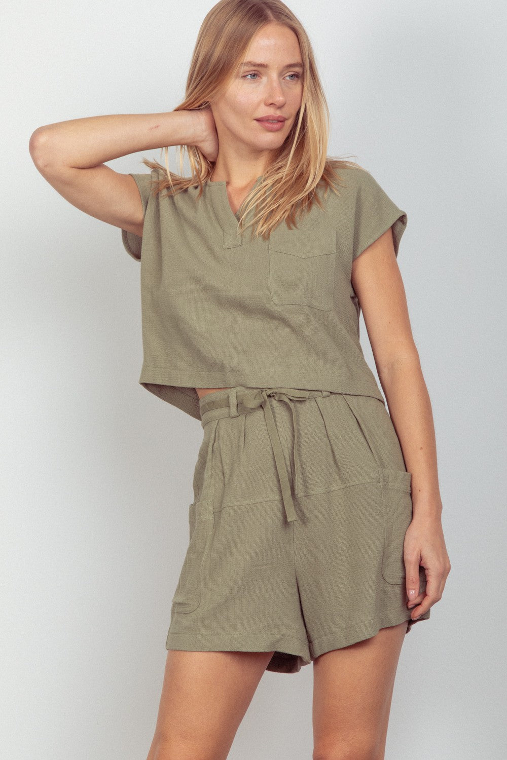 VERY J Woven Cropped Top & Waist Tie Shorts Set VERY J Woven Cropped Top & Waist Tie Shorts Set - TopFashionHQ