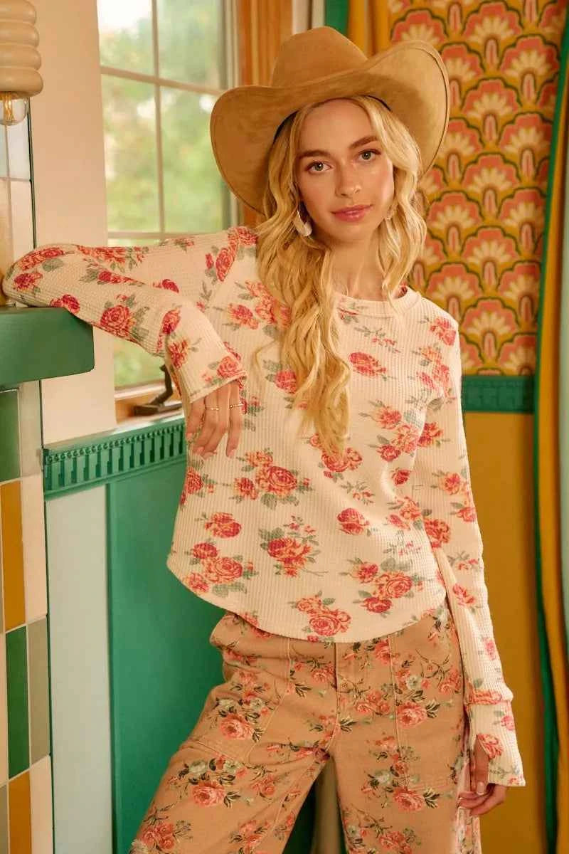 BiBi Floral Print Washed Waffle Thermal Top With Thumb BiBi Floral Print Washed Waffle Thermal Top With Thumb