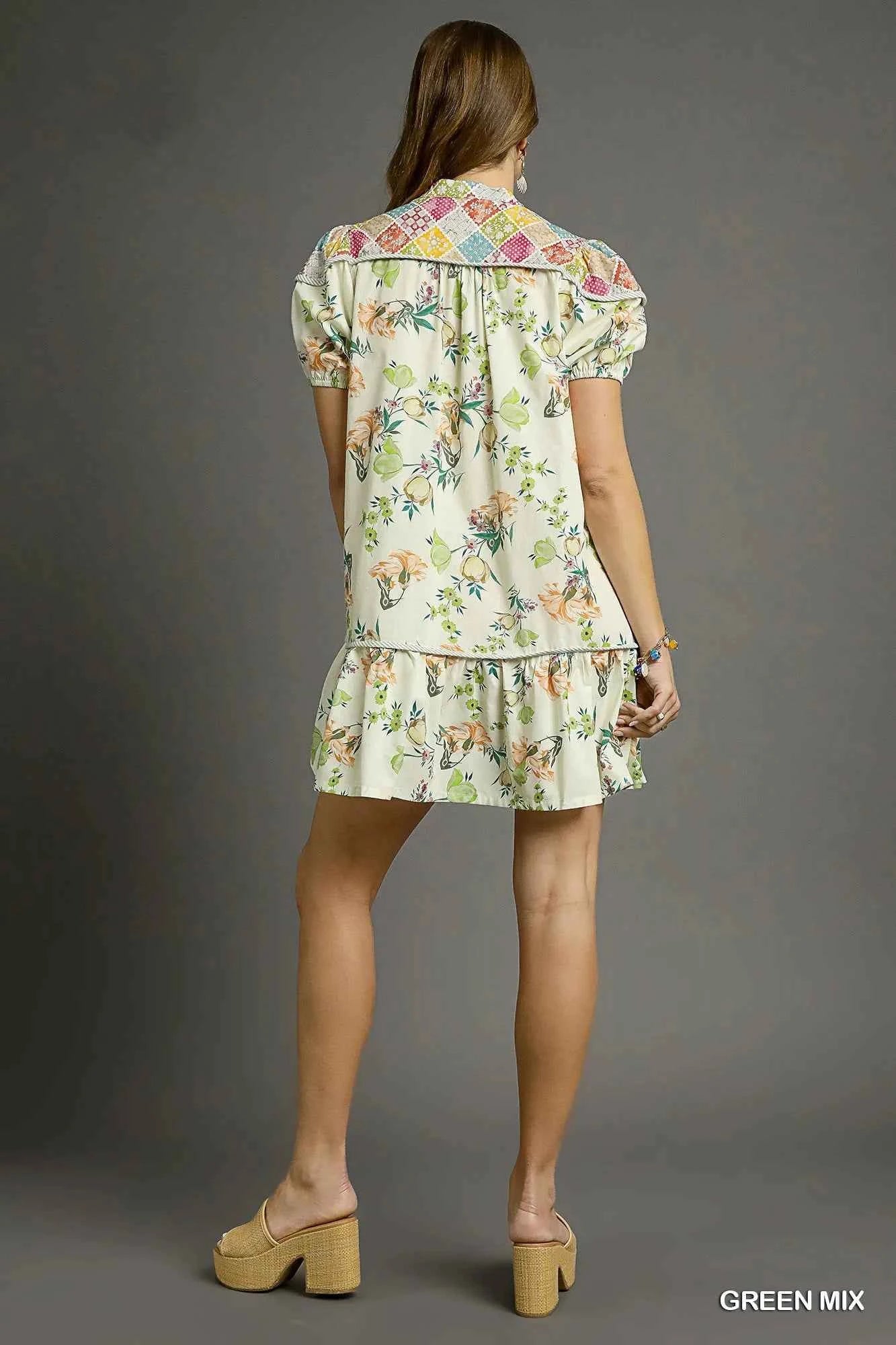 Umgee Floral Print Tie Neck Puff Sleeve Dress Umgee Floral Print Tie Neck Puff Sleeve Dress