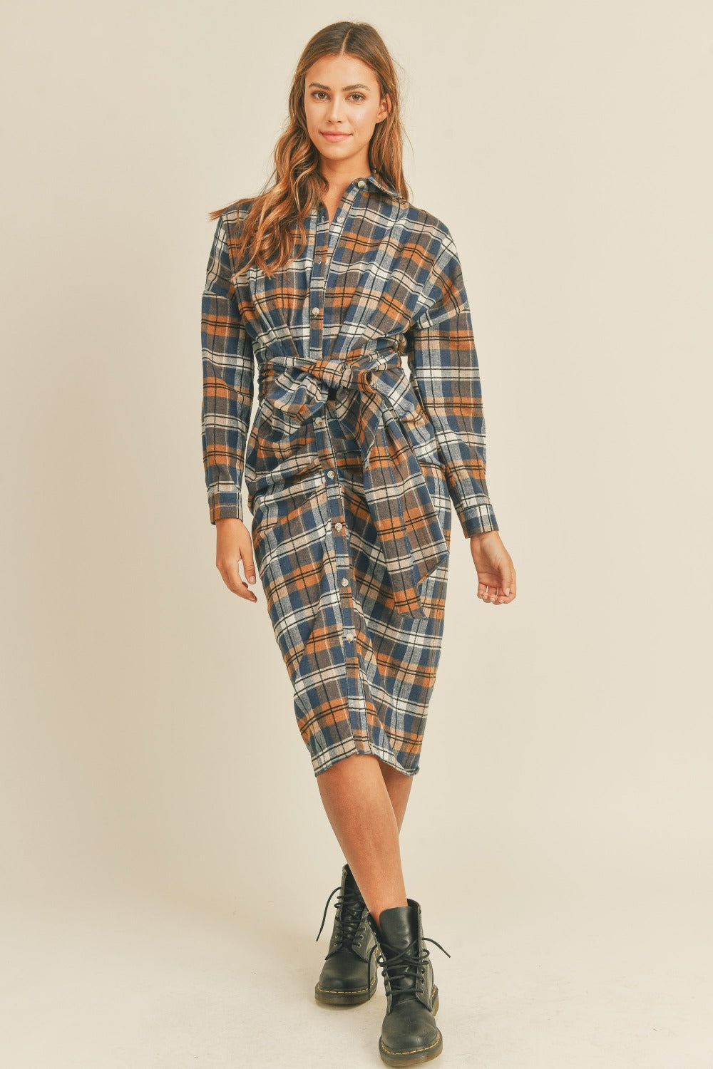 Mable Plaid Flannel Front Tie Button Down Shirt Dress Mable Plaid Flannel Front Tie Button Down Shirt Dress - TopFashionHQ