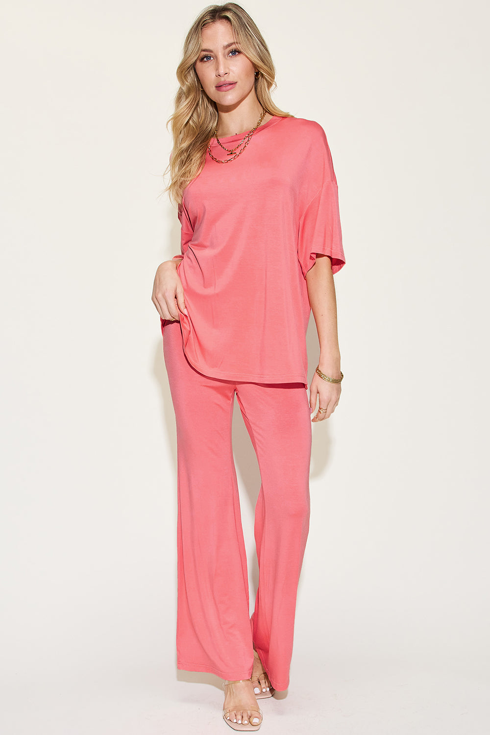 Basic Bae Full Size Bamboo Drop Shoulder T-Shirt and Flare Pants Set Basic Bae Full Size Bamboo Drop Shoulder T-Shirt and Flare Pants Set