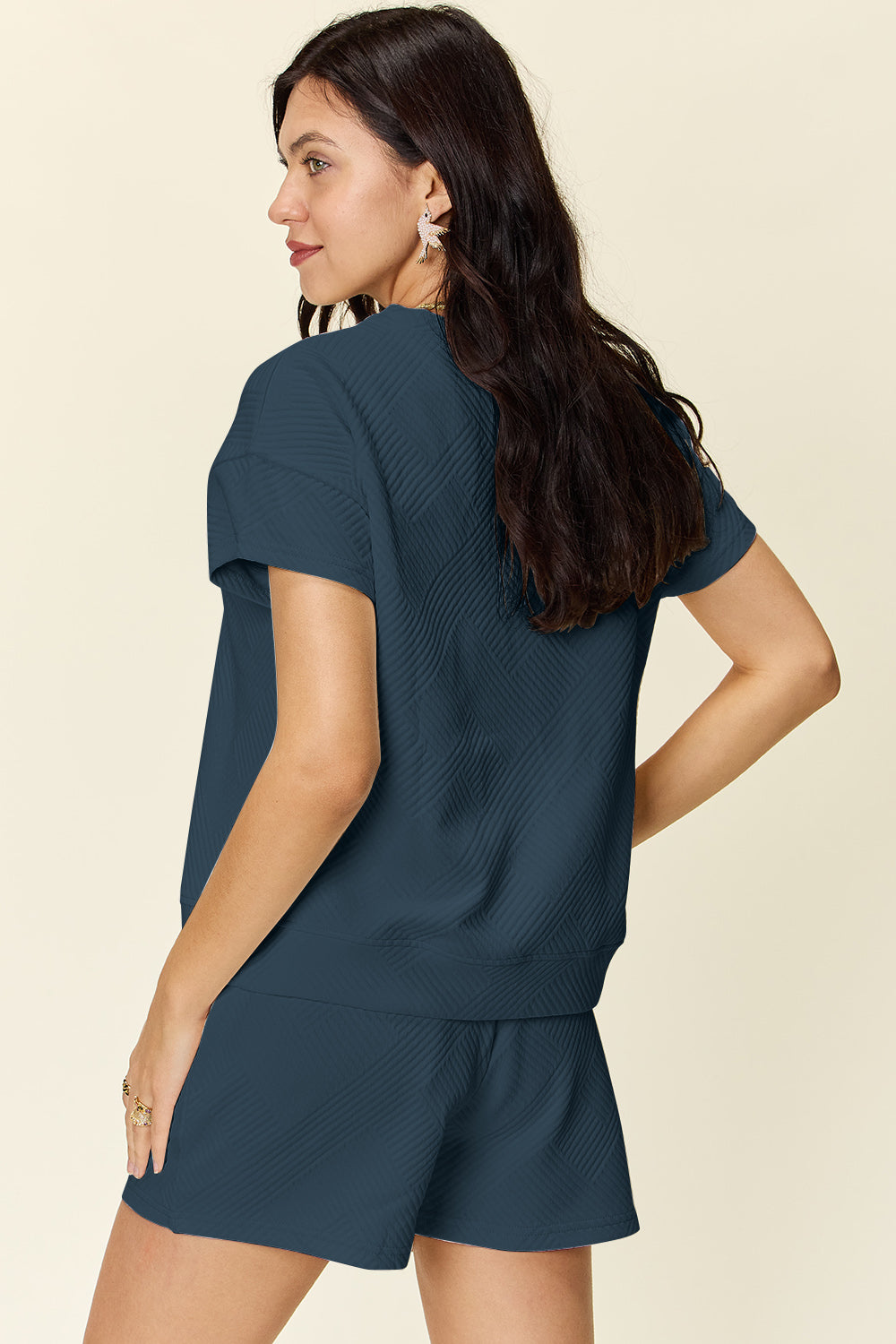 Double Take Full Size Texture Short Sleeve T-Shirt and Drawstring Shorts Set Double Take Full Size Texture Short Sleeve T-Shirt and Drawstring Shorts Set