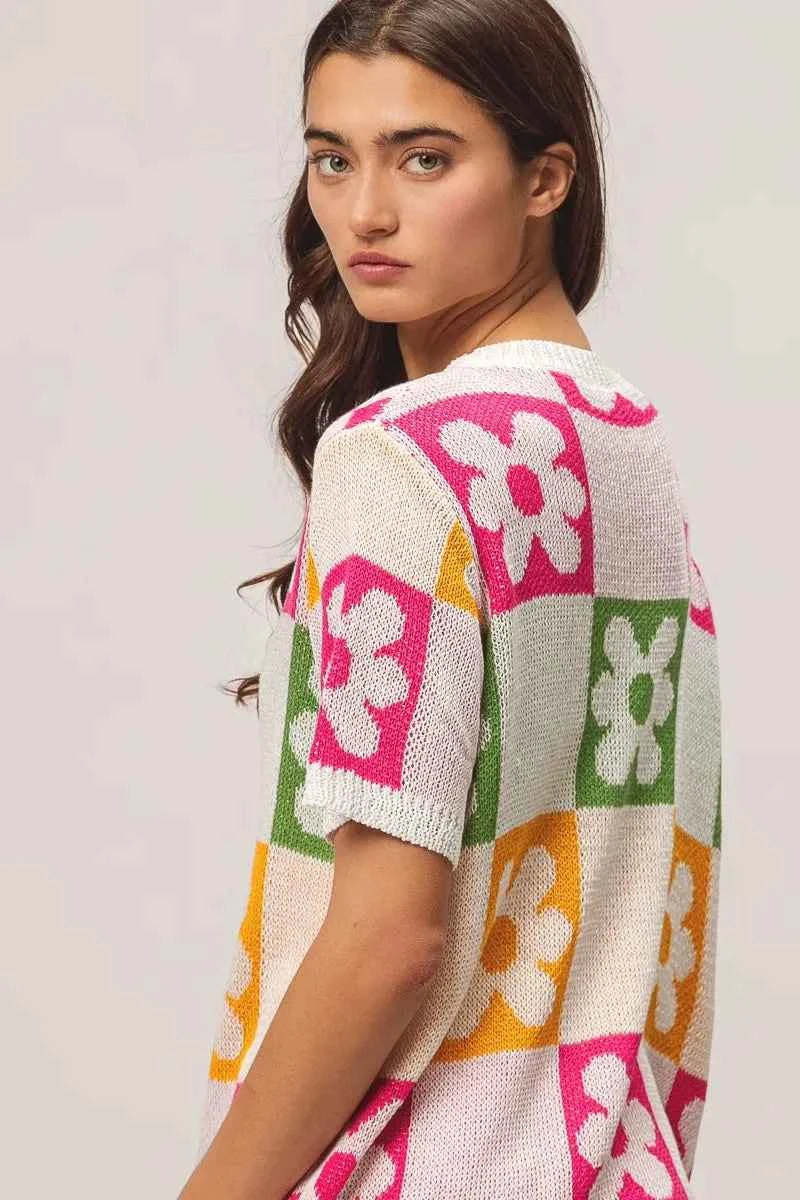 BiBi Flower Checker Pattern Lightweight Sweater Top BiBi Flower Checker Pattern Lightweight Sweater Top