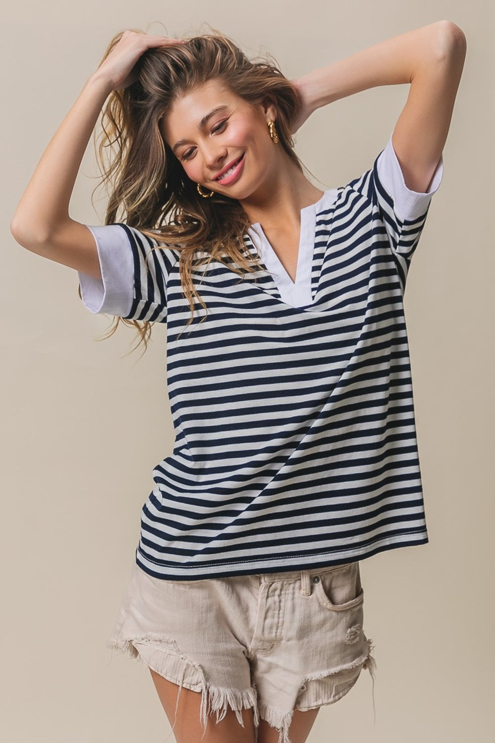 BiBi Contrast Striped Notched Knit Top BiBi Contrast Striped Notched Knit Top - TopFashionHQ
